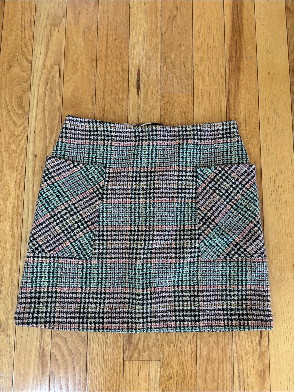 Maeve Mint Pink Black Plaid Tweed Mini Skirt